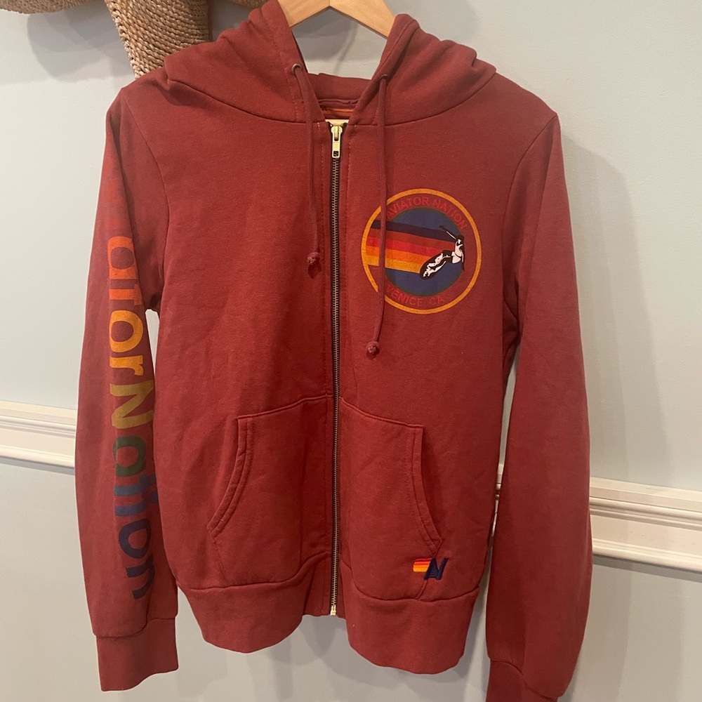 Aviator Nation Red Zip-Up Hoodie with Rainbow Graphics
